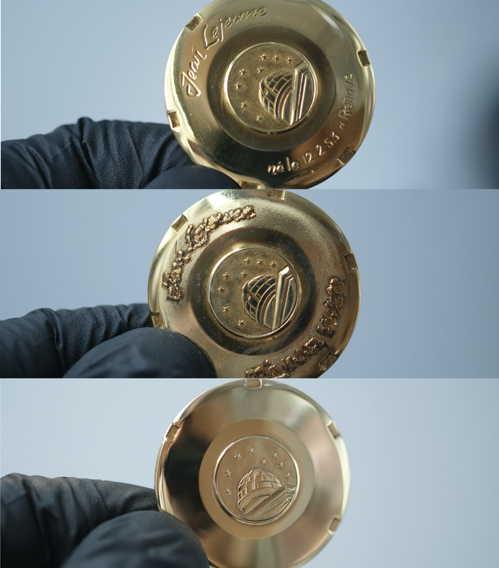 Fond de boite en Or d'une Omega Constellation, après recharge laser en or et un polissage chez l'Atelier Sanders