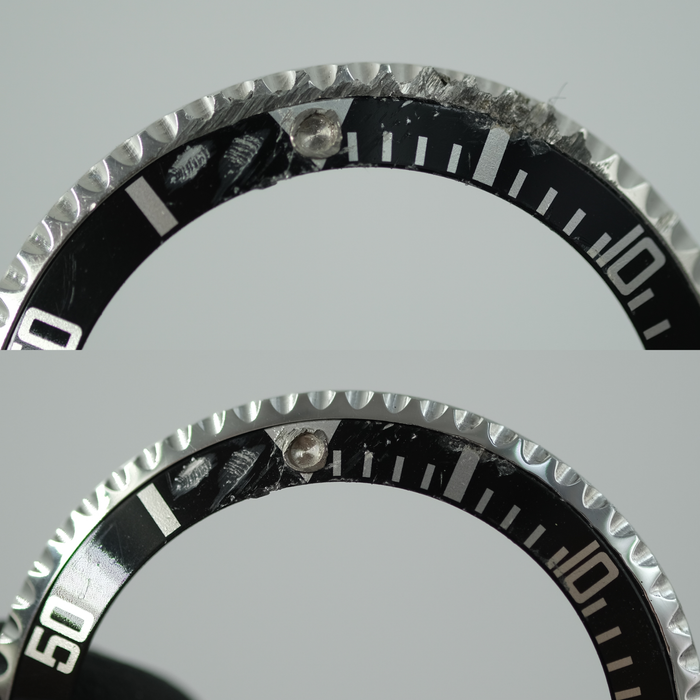 Insert Rolex Submariner après une recharge laser et un polissage chez L'atlier Sanders